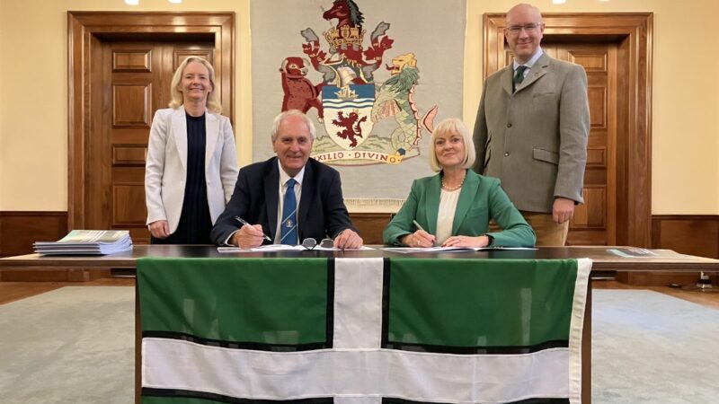 Donna Manson (DCC Chief Executive), Councillor John Hart (DCC Leader), Professor Lisa Roberts (President and Vice Chancellor at the University of Exeter), Stuart Brocklehurst (University of Exeter Deputy Vice Chancellor for Business Engagement and Innovation)