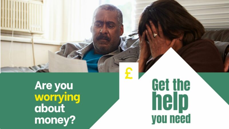 Are you worrying about money? Get the help you need. Couple with bill looking worried.