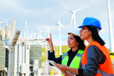 Two workers wearing hard hats stood outside looking at some wind turbine-related technology