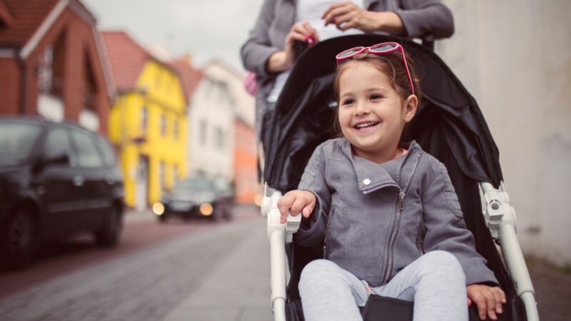 A young child being pushed in a pushchair