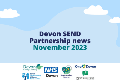 Blue shapes behind text that reads 'Devon SEND Partnership news - November 2023'. The bottom of the image has the logos for Devon County Council, NHS Devon, Parent Carer Forum Devon, Devon Children and Families Partnership, Restorative Devon and One Devon.