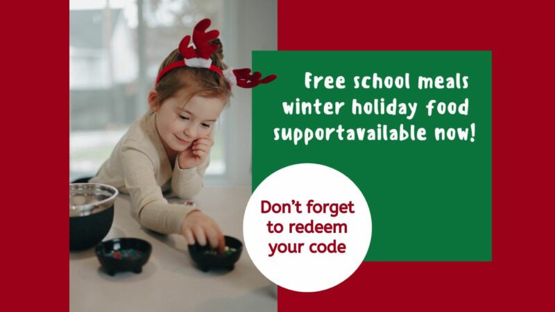 Winter holiday food support available now! Young girl wearing antlers picking from a bowl.