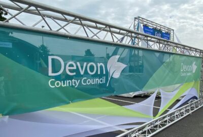 The Devon County Council stand at the Devon County Show, starting to be assembled.