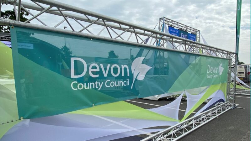 The Devon County Council stand at the Devon County Show, starting to be assembled.