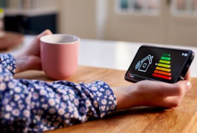 A person sat at a table looking at her smart metre reading