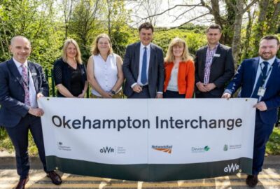 Left to right: Ian Mundy (GWR Senior Portfolio Manager), Councillor Lois Samuel (Devon County Councillor for Okehampton), Councillor Mandy Ewings (Leader of West Devon Borough Council), Mel Stride MP, Councillor Andrea Davis, (Devon County Council Cabinet Member for Climate Change, Environment and Transport), Bogdan Lupu (Network Rail industry programme director), and David Whiteway (GWR Regional Growth Manager).