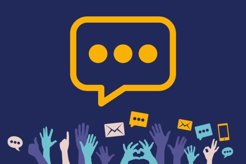Illustrated hands raised with a speech bubble