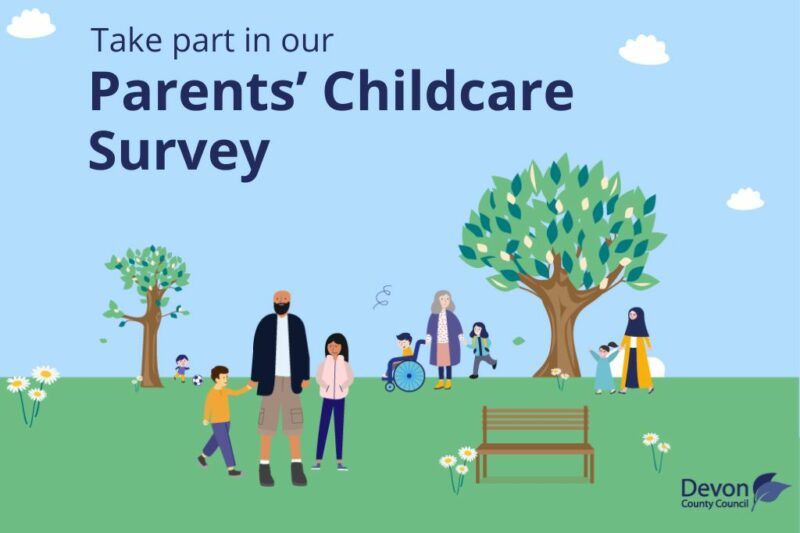 Graphic with words reading 'Take part in our Parents' Childcare Survey'