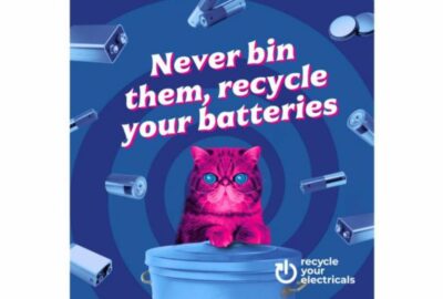 Text reads: Never bin them, recycle your batteries