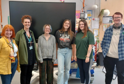 (L-R) Dr Karen Kenny (UoE), Flo Bessé-Jones (UoE), Teddi (Care Leaver), Ella Baker (participation worker), Ellie (Care Leaver), Robin (Care Leaver).