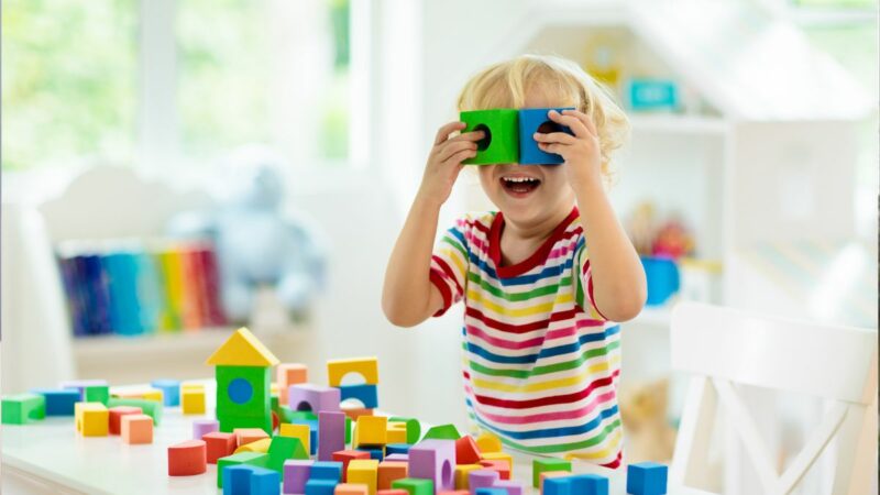 A young boy playing with building bricks