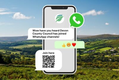 graphic of a mobile phone, reading 'Wow, have you heard that Devon County Council has joined WhatsApp channel'