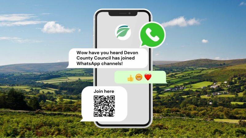 graphic of a mobile phone, reading 'Wow, have you heard that Devon County Council has joined WhatsApp channel'