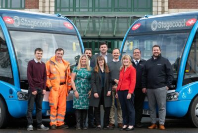 Left to right: Luke Freathy (Devon County Council); Tim Steer (Barnstaple Town Council); Rachel Phillips (Devon County Council); Rory Grey, Peter Knight and Sarah Clark (Stagecoach South West); Mike Tucker (Devon County Council); Councillor Andrea Davis (Devon County Council Deputy Leader); Dave Growns and Dan Thomas (Stagecoach South West).