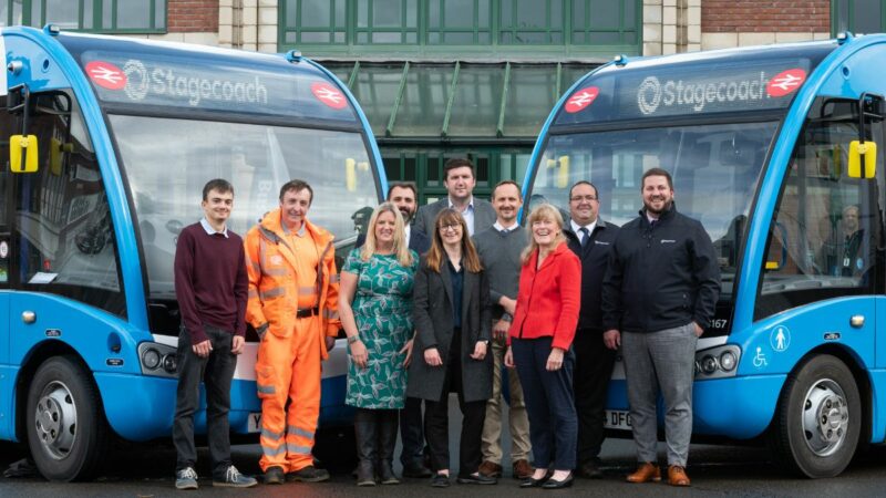Left to right: Luke Freathy (Devon County Council); Tim Steer (Barnstaple Town Council); Rachel Phillips (Devon County Council); Rory Grey, Peter Knight and Sarah Clark (Stagecoach South West); Mike Tucker (Devon County Council); Councillor Andrea Davis (Devon County Council Deputy Leader); Dave Growns and Dan Thomas (Stagecoach South West).