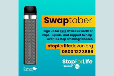 Swaptober graphic from Stop For Life. Graphic shows image of a vape and describes the 12 week initiative for smokers to receive vape starter kits