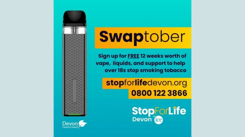 Swaptober graphic from Stop For Life. Graphic shows image of a vape and describes the 12 week initiative for smokers to receive vape starter kits