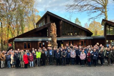 VIPs gathered outside the new Visitors' Centre at Stover