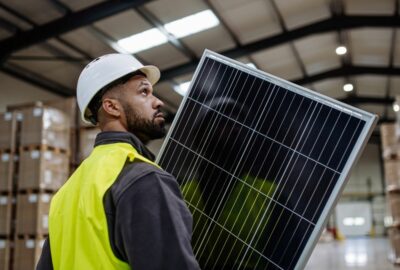 A man in high vis and a hard hat, in a warehouse, carrying a solar panel, with lots of boxes in the warehouse