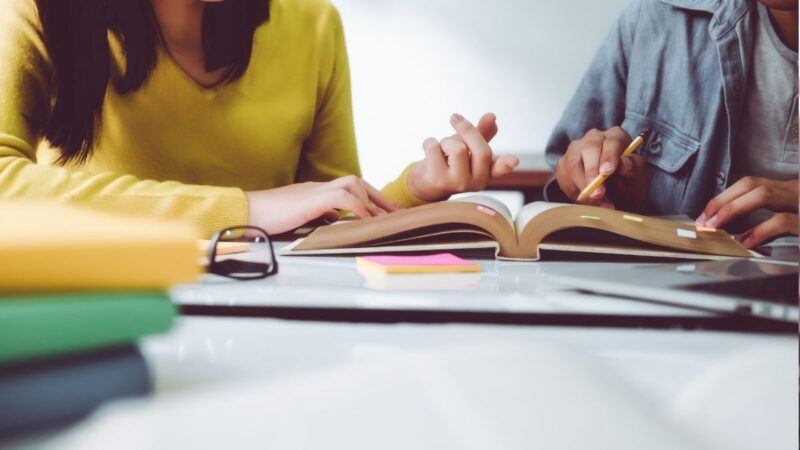 A teacher and a pupil working together, looking at a school book