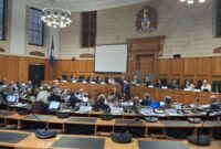The council chamber at Devon County Council with the budget meeting in progress