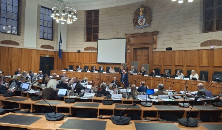 The council chamber at Devon County Council with the budget meeting in progress