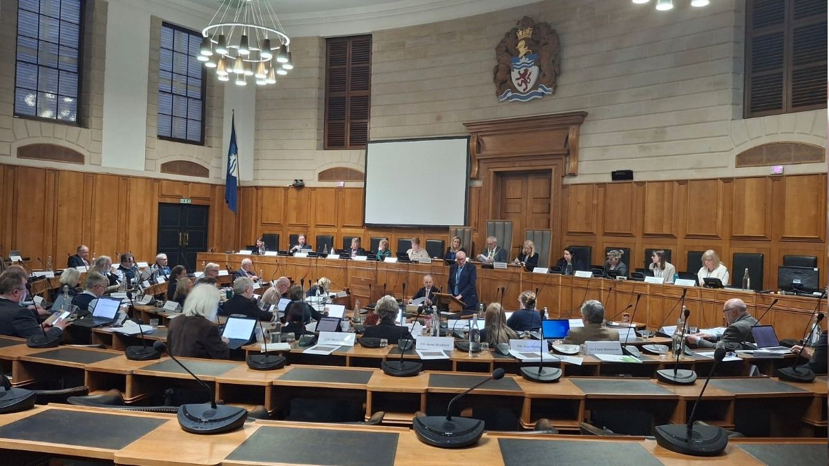 The council chamber at Devon County Council with the budget meeting in progress