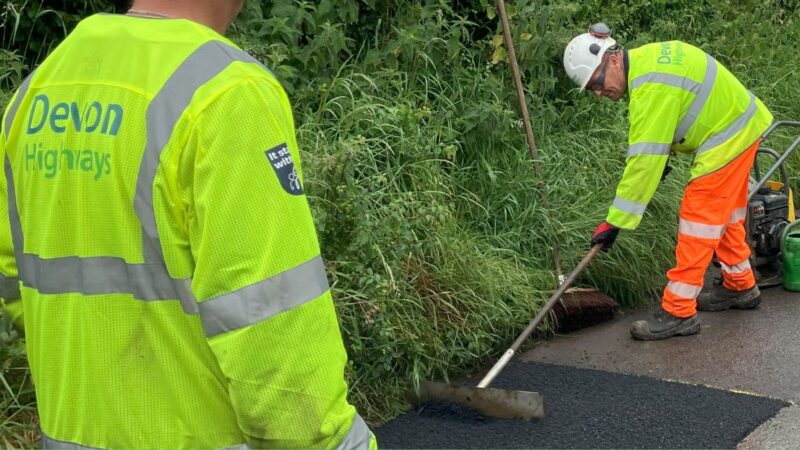 Devon Highways staff carrying out road repairs