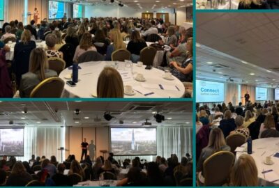 Photo montage of the SEND conference - 100s of people gathered in the conference hall at Sandy Park, Exeter