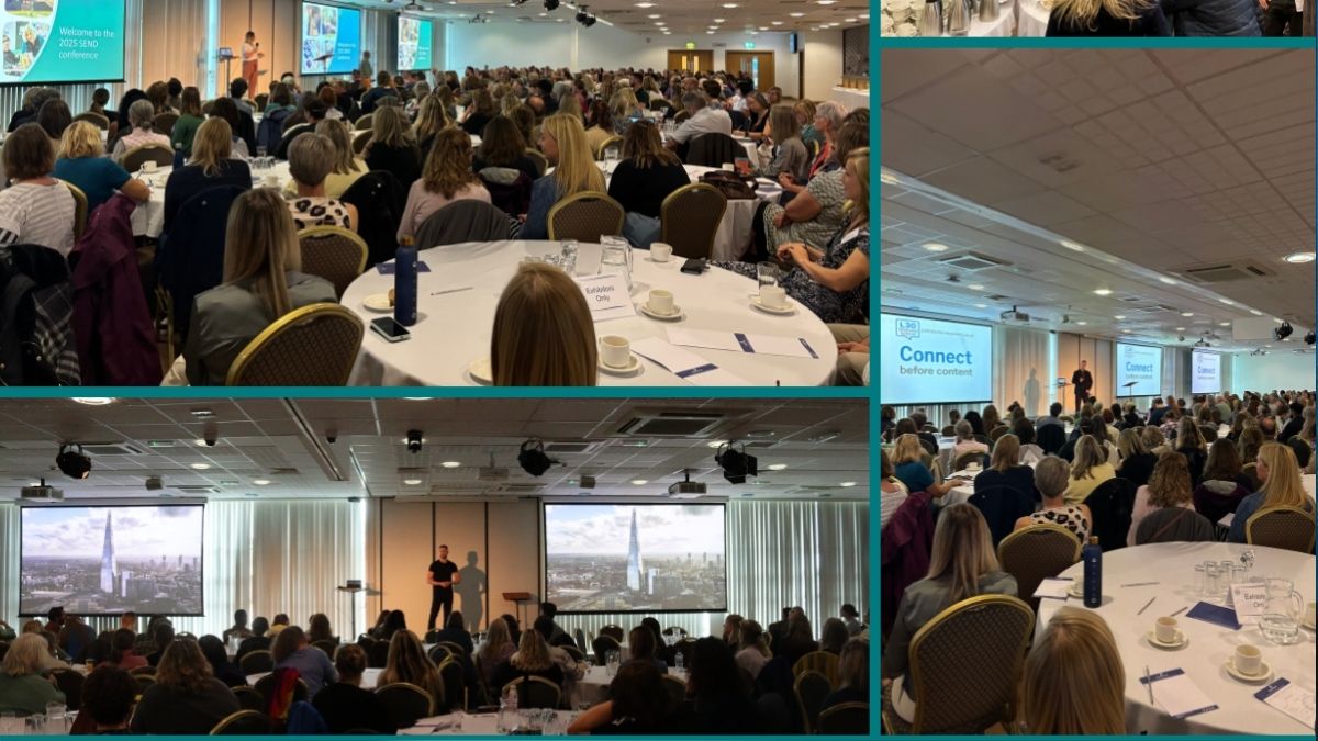 Photo montage of the SEND conference - 100s of people gathered in the conference hall at Sandy Park, Exeter