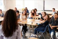 A class of teenagers at college. Tutor is talking at the front of the class