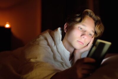 Teenage boy looking troubled, looking at his mobile phone/tablet/screen