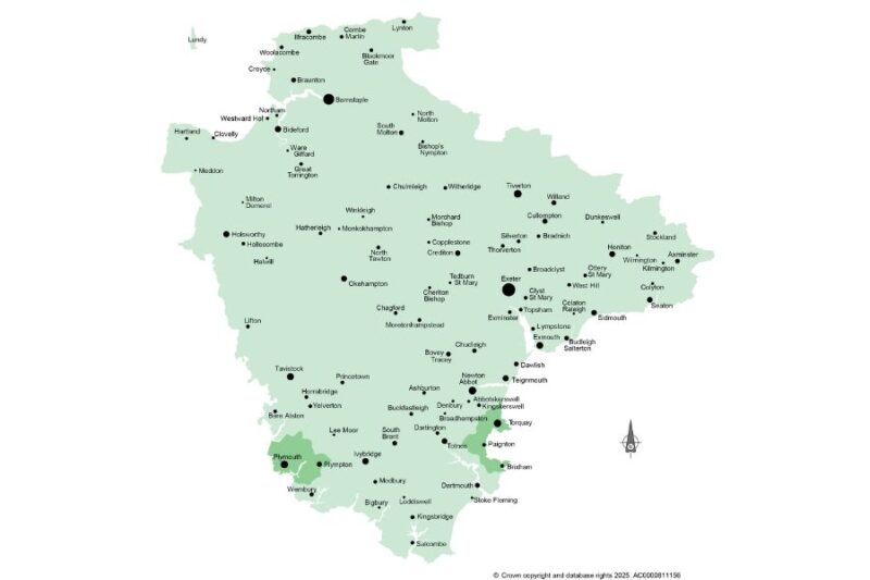 Map of Devon, including Plymouth and Torbay