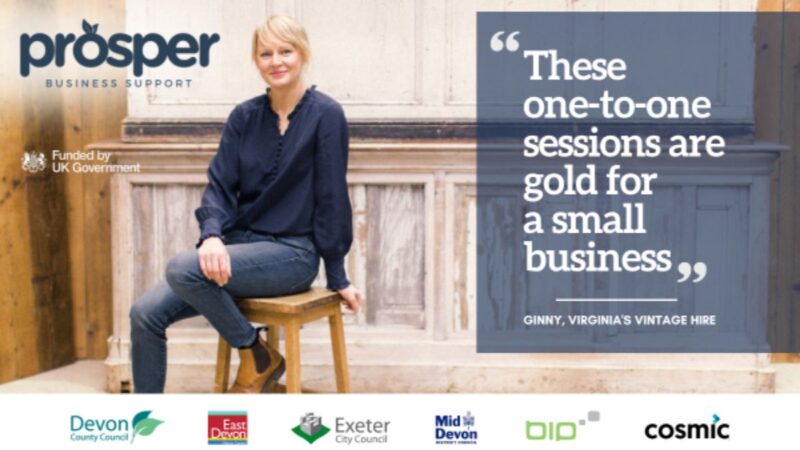 Advert for the Prosper programme. It shows a business owner, with a quote "These one to one sessions are gold for small businesses"