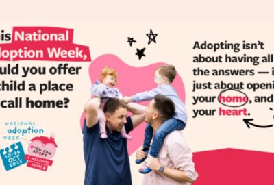 Two people with young children on their shoulders - National Adoption Week advert