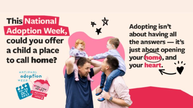 Two people with young children on their shoulders - National Adoption Week advert
