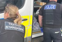 A Trading Standards officer and a Devon and Cornwall Police officer putting counterfeit products into a police van