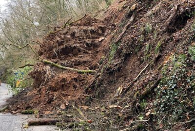 Mud and trees from landslip on A386
