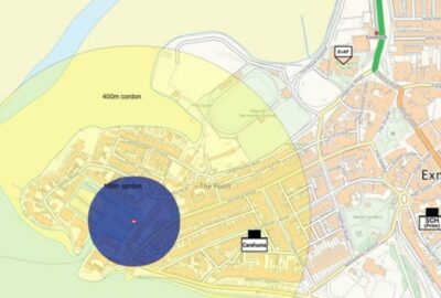 A map of Exmouth showing the 400 metre cordon.