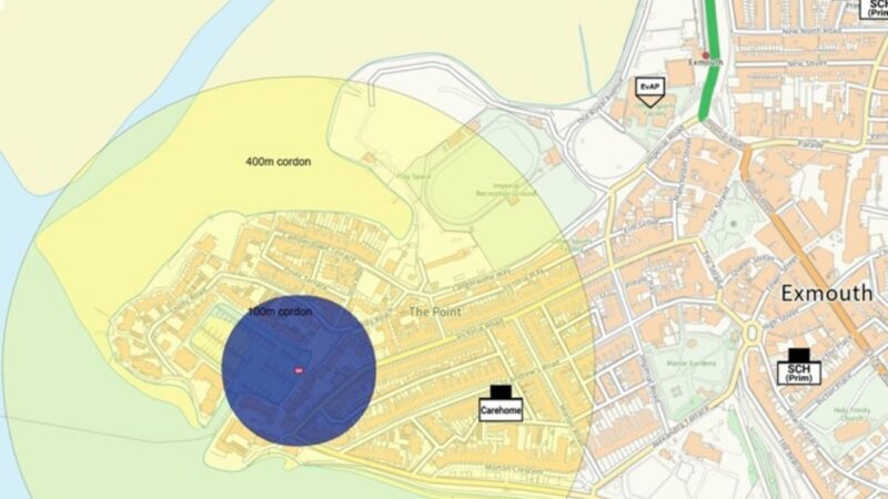 A map of Exmouth showing the 400 metre cordon.