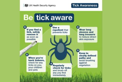 Tick awareness poster from the UK Health Security Agency. It shows a large tick illustration in the centre and six safety tips around it: use tick‑repellent; wear long sleeves and long trousers; keep to clearly defined paths; regularly check for ticks and brush them off; check yourself, children and pets for ticks when back indoors; and safely remove any tick you find as soon as possible. The background includes grass and green tones, with the heading ‘Be tick aware.