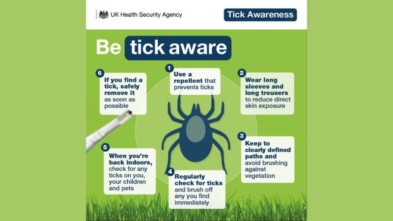 Tick awareness poster from the UK Health Security Agency. It shows a large tick illustration in the centre and six safety tips around it: use tick‑repellent; wear long sleeves and long trousers; keep to clearly defined paths; regularly check for ticks and brush them off; check yourself, children and pets for ticks when back indoors; and safely remove any tick you find as soon as possible. The background includes grass and green tones, with the heading ‘Be tick aware.