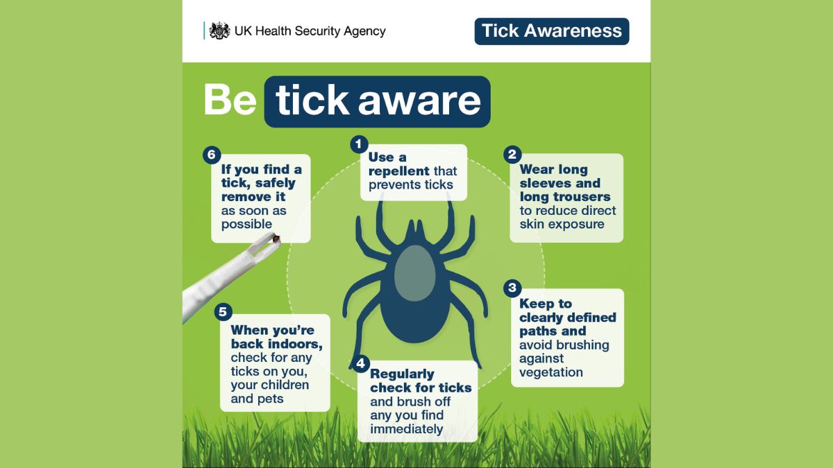 Tick awareness poster from the UK Health Security Agency. It shows a large tick illustration in the centre and six safety tips around it: use tick‑repellent; wear long sleeves and long trousers; keep to clearly defined paths; regularly check for ticks and brush them off; check yourself, children and pets for ticks when back indoors; and safely remove any tick you find as soon as possible. The background includes grass and green tones, with the heading ‘Be tick aware.