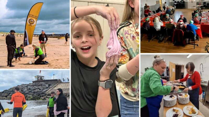 Collage of pictures including Dawlish Life Saving Club, Bradninch Youth Club and Lympstone Community Lunch