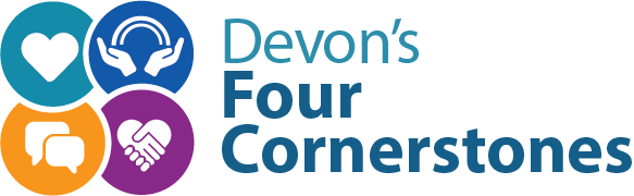 Four Cornerstones logo with icons indicating the themes of welcoming and caring, valuing and including, communicating and working in partnership.
