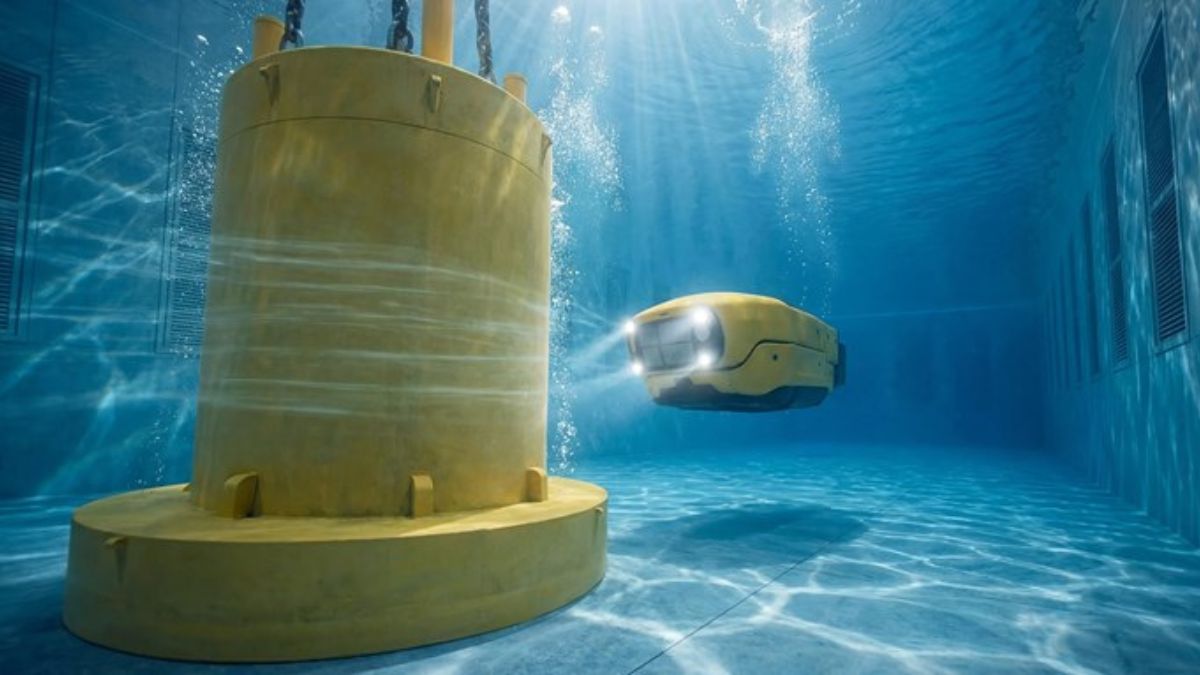 An underwater submersible in a very deep tank of water