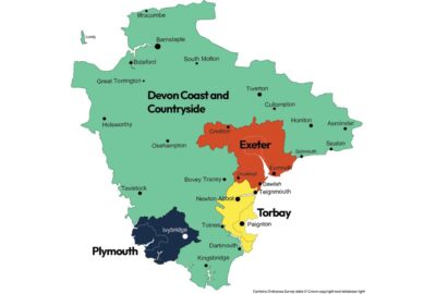 Map of Devon showing new boundary areas of the expanded Exeter, Plymouth and Torbay councils