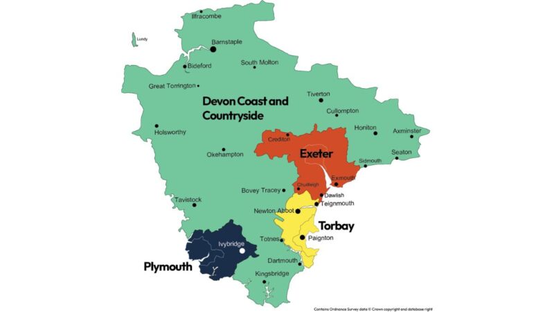 Map of Devon showing new boundary areas of the expanded Exeter, Plymouth and Torbay councils