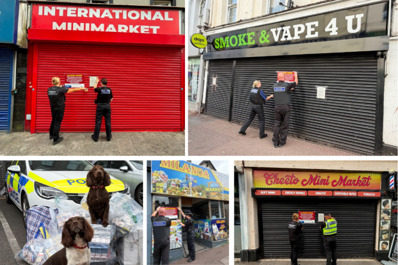 Photos of Four Torbay shops ordered to close over illegal tobacco products. Also pictured are tobacco detection dogs.