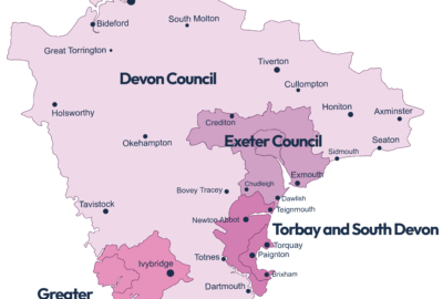 Map of Devon showing new boundary areas of the Devon, Exeter, Greater Plymouth and Torbay and South Devon councils